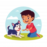 boy playing with puppy husky