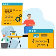 website-pages-codeing-programing-man-developer-table-plant-laptop-illustration-illustration