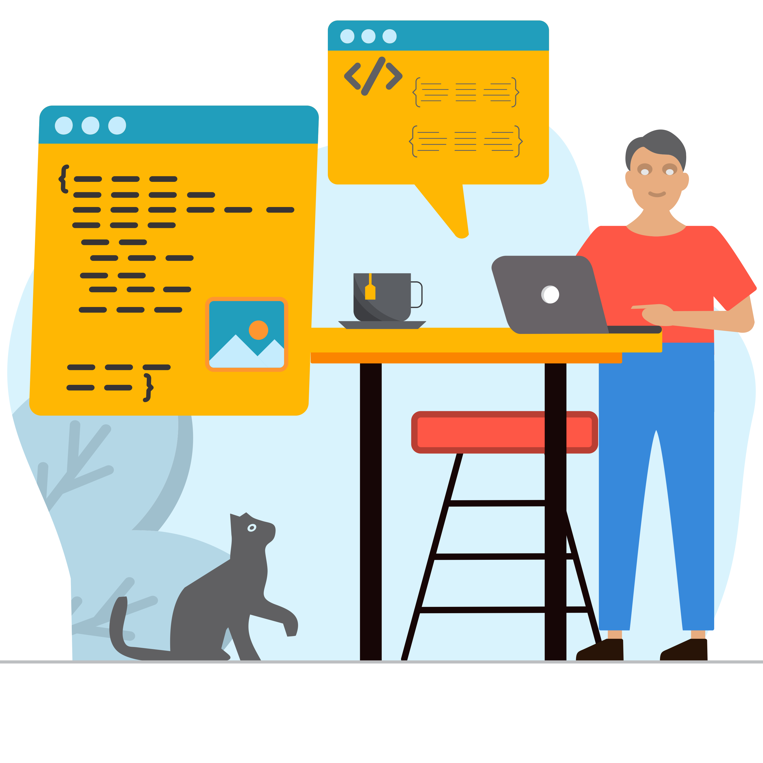table-laptop-website-photo-coding-tee-stool-cat-man-illustration-developer-illustration