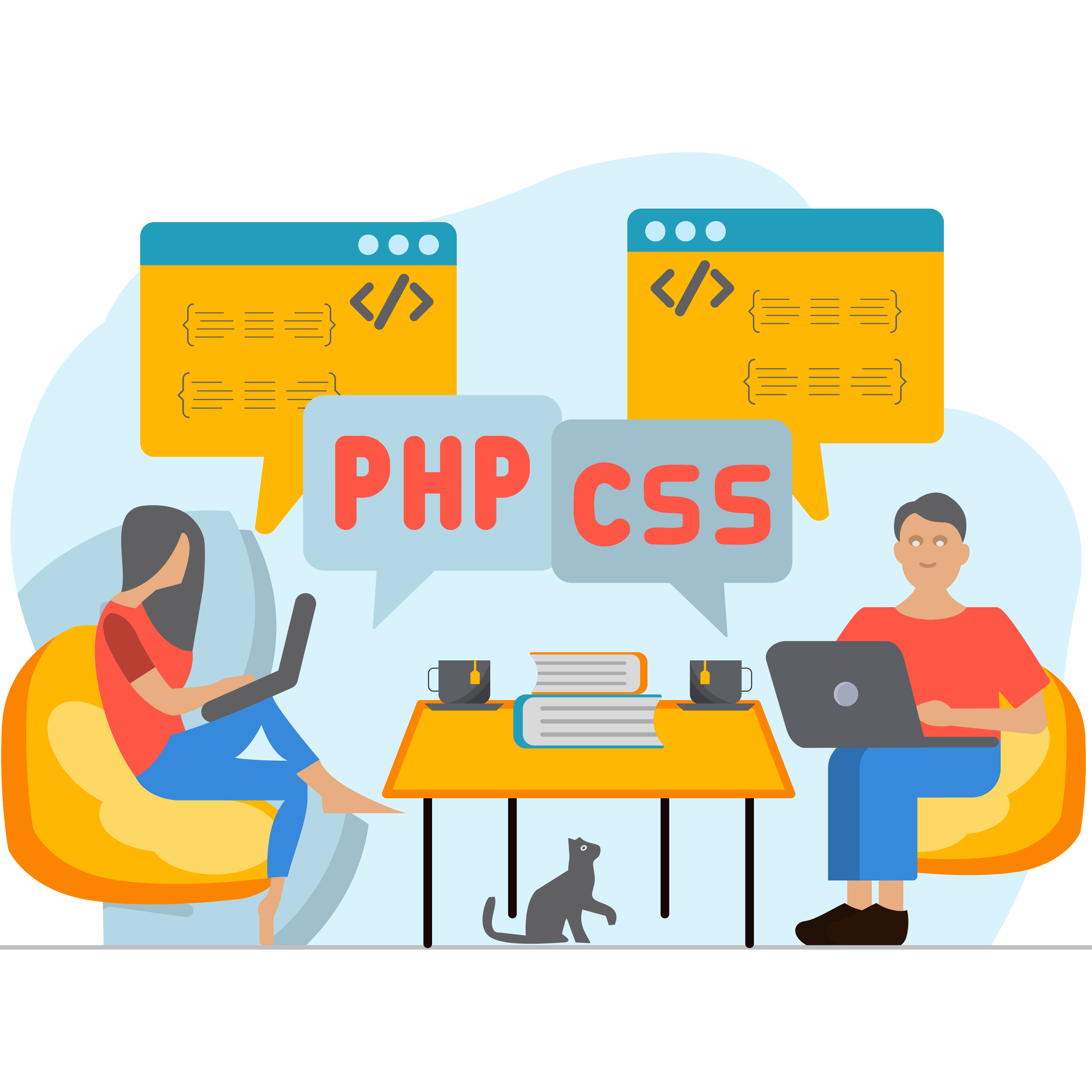 developer-websites-pages-books-table-tee-laptop-cat-css-php-coding-programing-developing-illustration-webdeveloper-illustration