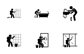Cleaning Toilet and Washing Bathroom icon set
