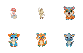 Cute cartoon vector illustration of smiling animals with big eyes.