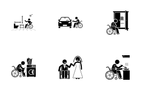 Disabled handicapped person living in a normal life icon set