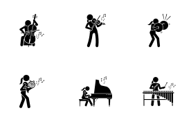 Female musician playing musical instruments and percussion icon set