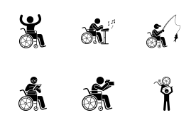Happy disabled handicapped person leisure and recreational activities icon set