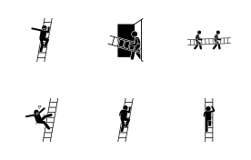Man carrying and climbing a ladder. icon set
