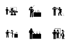 Man testing products at shop icon set