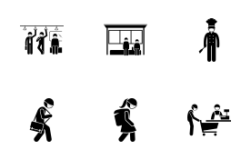 People wearing surgical mask at different places icon set
