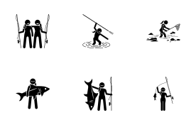 Woman fishing and catching fish icon set