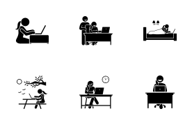 Woman using computer on different postures, poses, and places. icon set